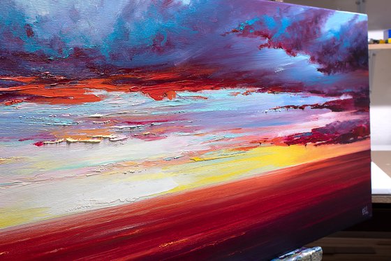 Red Sunset at the sea. Colorful Sky Oil Painting