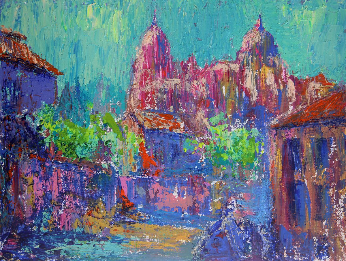 Impressionistic Cityscapes Acrylic Painting By Denys Kuvaiev, 18 X 14, Old Salamanca, Original Artwork