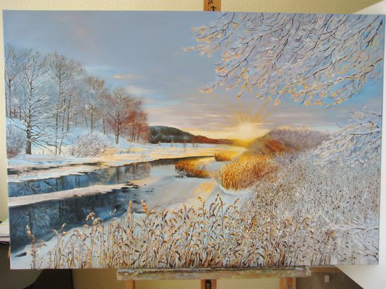 Winter Sunset Over Frozen River