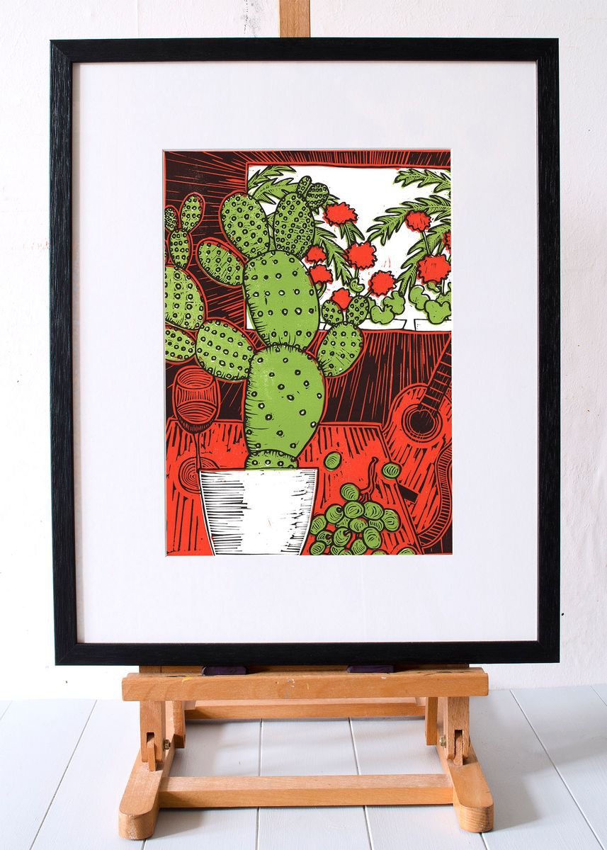 Still life with Cactus - Original Limited Edition Linocut (unframed) by Faisal Khouja