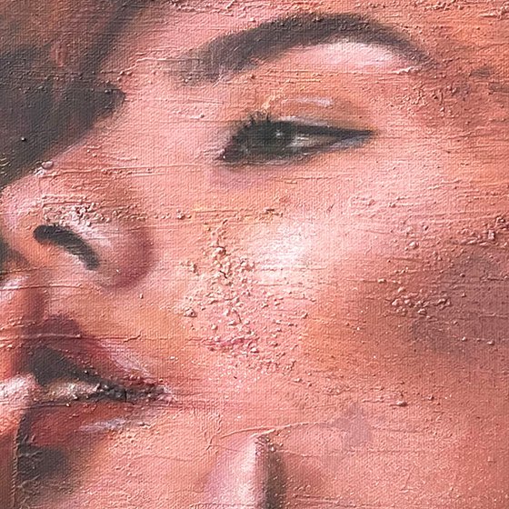 Lluisa | Beautiful model woman face portrait painted in oil on canvas painting pink grunge romantic female portrait contemporary large painting face beautiful model