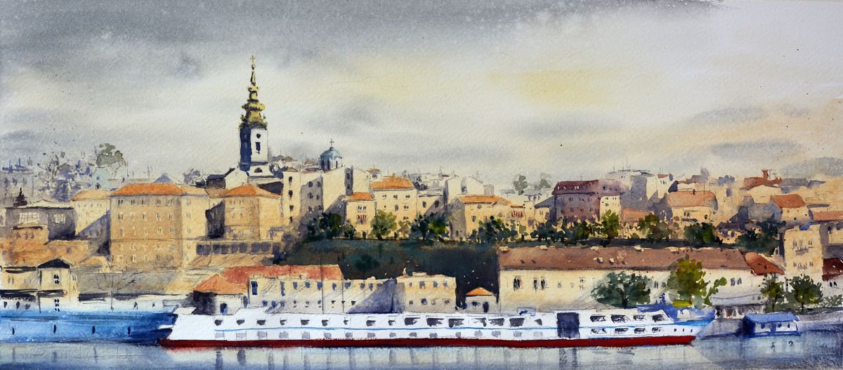 Impressionistic Cityscapes Watercolour By Nenad Kojic, 22 X 10", Savamala U Zutom I Sivom, Original Artwork