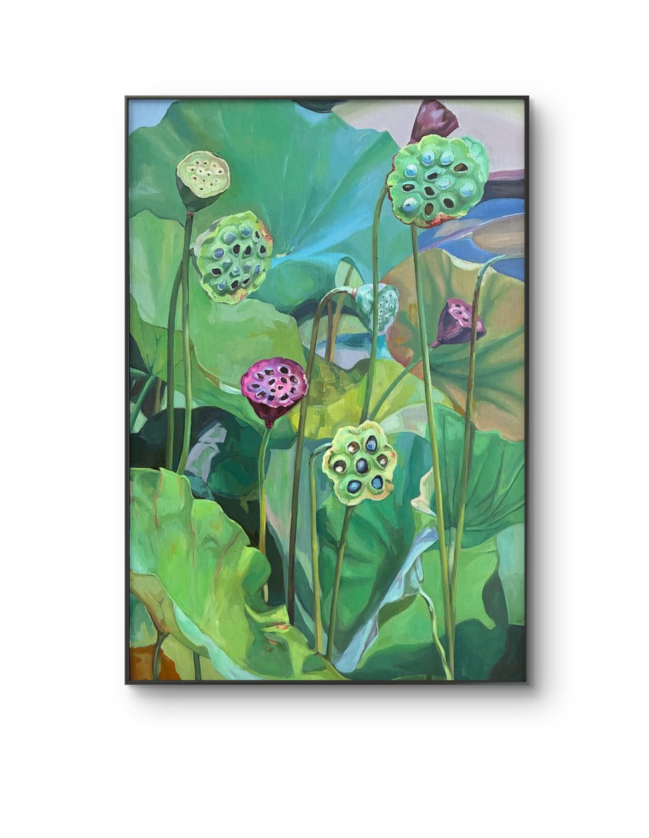 Photorealistic Landscape Oil Painting By Guzel Min, 20 X 29, Lotus Pond. Seed Pods, Original Artwork