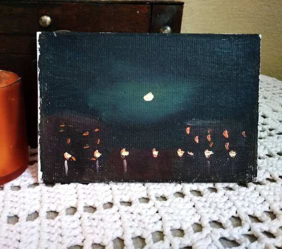 Moonlight night over the city. Plein Air Painting