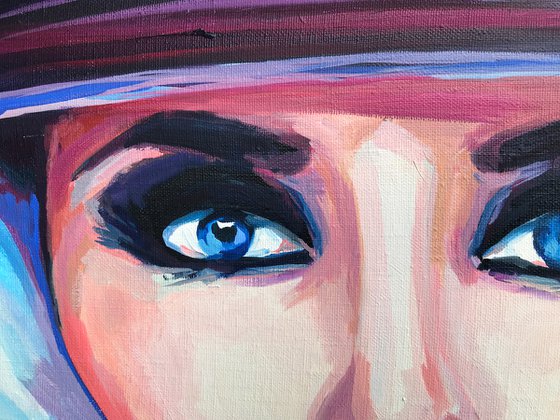 VOISE - oil painting home decor feminism woman in helmet purple eyes blue