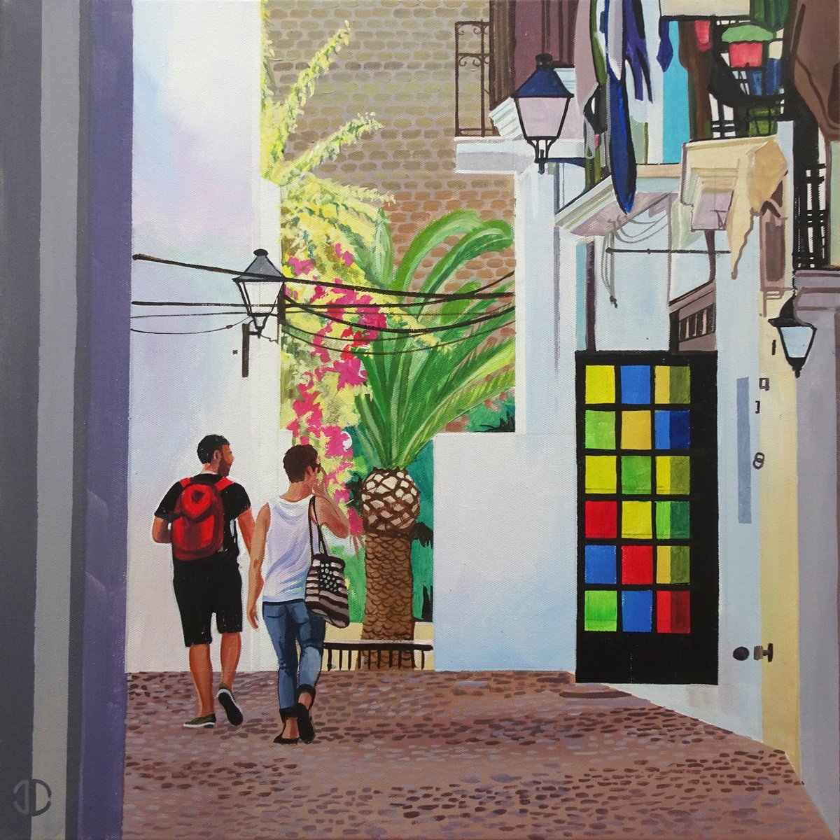 Impressionistic Landscape Acrylic Painting By Joseph Lynch, 20 X 20, Morning Sun Eivissa Town Ibiza, Original Artwork