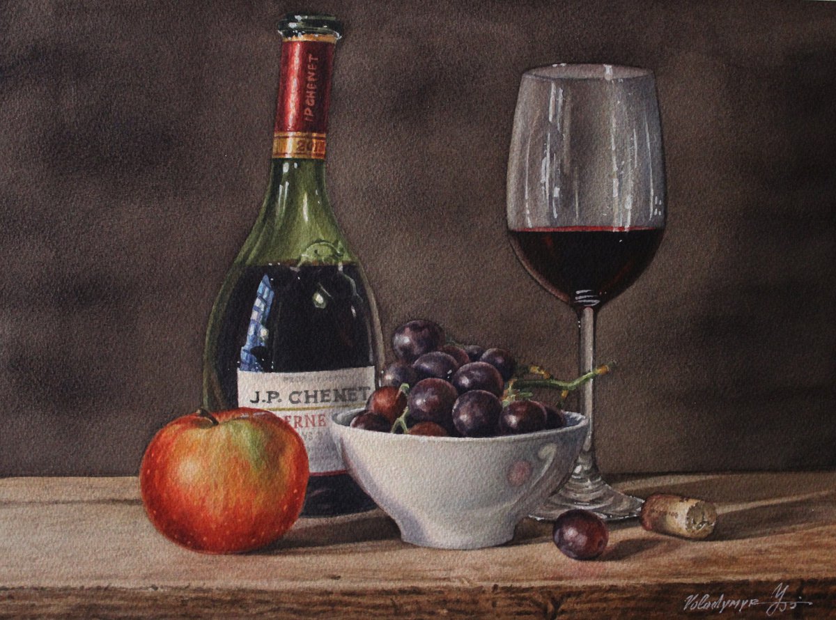 Still Life Watercolour By Volodymyr Melnychuk, 15 X 11", Still Life With Wine, Original Artwork