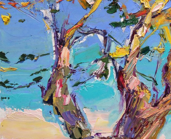 Branches in sunlight on blue sky . Etude sunset . Original oil painting