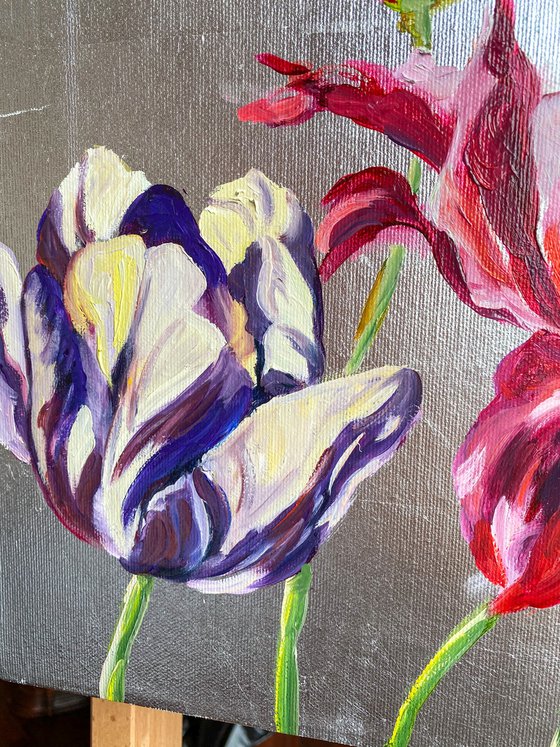 Small oil painting Tulips on a silver background