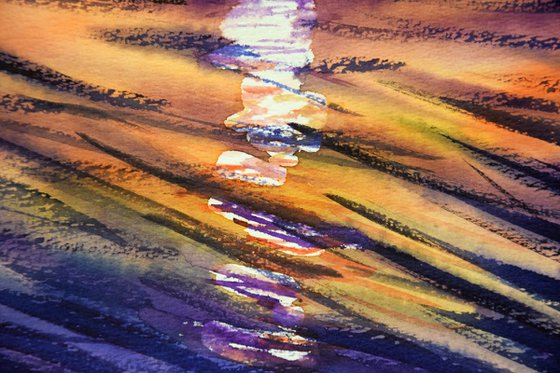 Sunset seascape original watercolor painting, coastal home decor