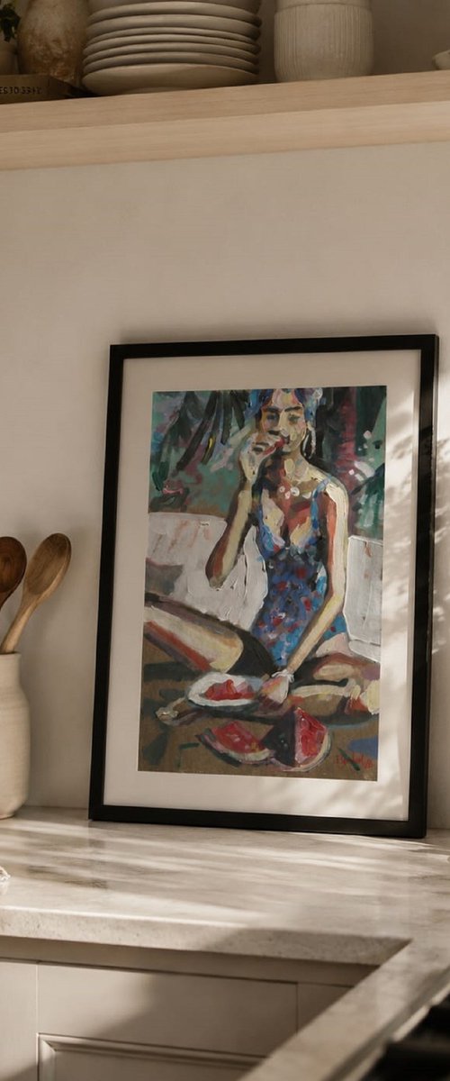 A girl in a blue swimsuit by Iryna Tymkul