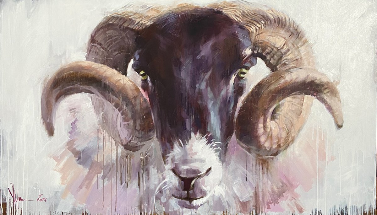 Expressive Animal Oil Painting By Igor Shulman, 47 X 28, A Goat With A Black Head., Original Artwork