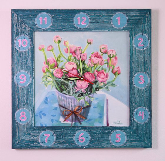 Painting wall clock Kitchen decor Flower Roses Blue Pink Square wall clock Gift for women Birthday gift Gift for mom Art decoration