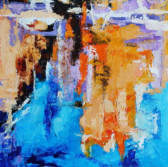 Reflections N 1, Abstract Painting Small Original Art Blue Orange Artwork Multicolor Geometric Wall Art 10 by 10