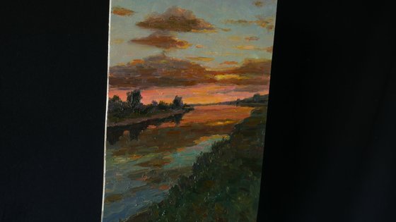 Sunset over the river - sunset painting
