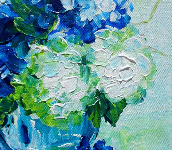 White and Blue Hydrangea Small Painting on Canvas. Modern Impressionism Contemporary Art