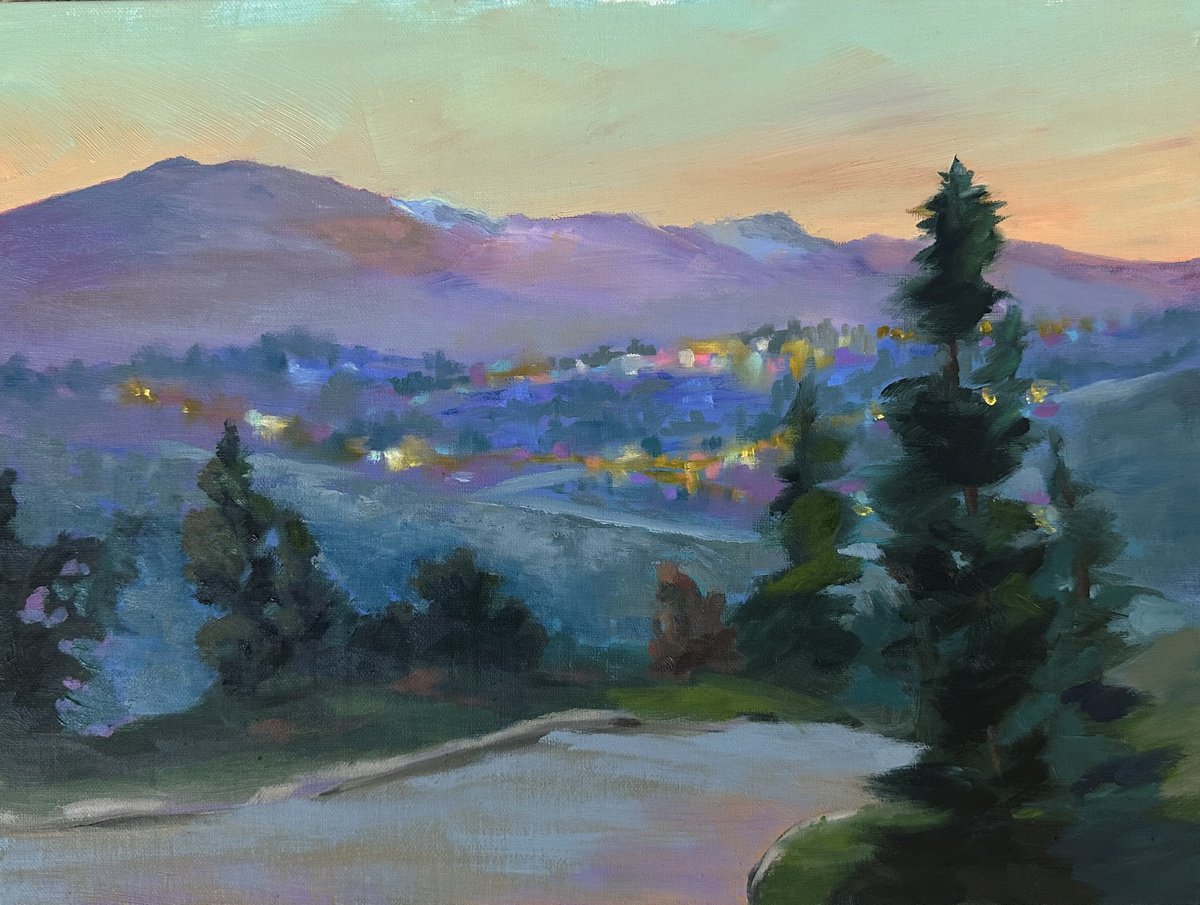 Impressionistic Landscape Oil Painting By Grace Diehl, 12 X 9, Evening Lights, Original Artwork