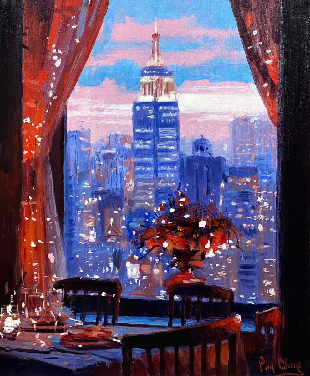 Impressionistic Cityscapes Acrylic Painting By Paul Cheng, 20 X 24", Sunset Glow, Original Artwork