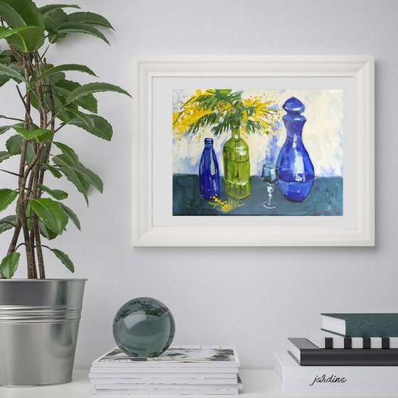mimosa and blue decanter
