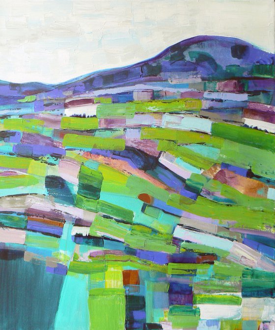 Abstract landscape - Green fields  (ready to hang semi abstract landscape on canvas)