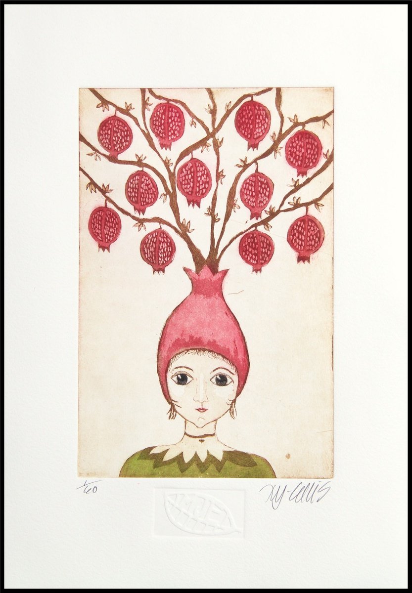 Illustrative Portrait Etchings & Engravings By Mariann Johansen-Ellis, 10 X 14", Pomegranate Girl, Original Artwork