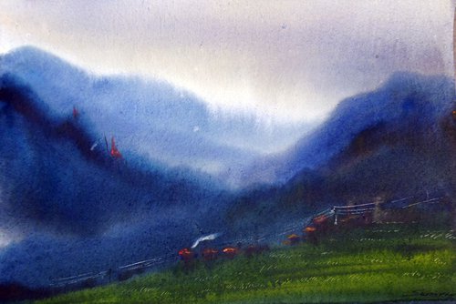 Mysterious Monsoon Himalaya - Watercolor on Paper by Samiran Sarkar