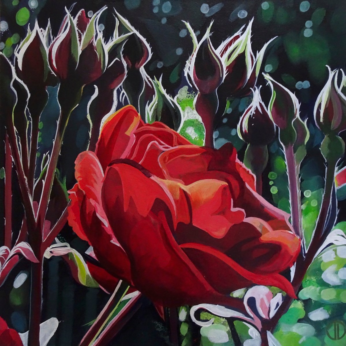 Impressionistic Botanical Acrylic Painting By Joseph Lynch, 20 X 20, Roses Are Red, Original Artwork