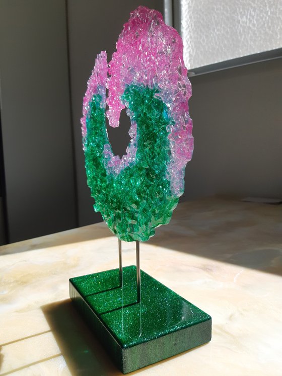 Emerald glass wave, 3D Crushed glass sculpture, Unique gift, Home Decor, Luxury art, Glass Epoxy sculpture, Standing sculpture bilateral