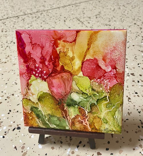Original Floral Alcohol Ink on Tile with Stand by Rosie Brown