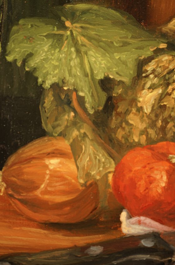 Pumpkin, tomato, onions and vine leaves - still life