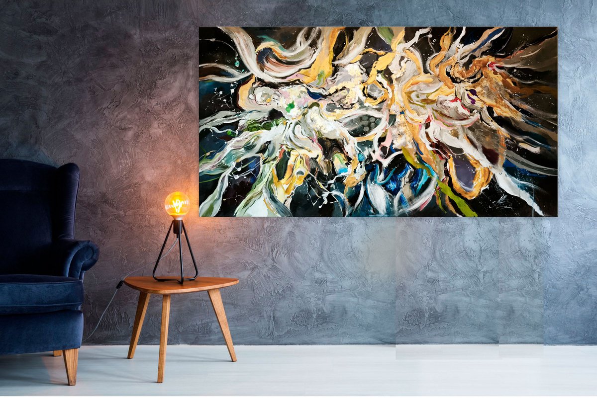 Expressive Abstract Acrylic Painting By Annet Loginova, 61 X 35, Large Abstraction With Gold, Original Artwork