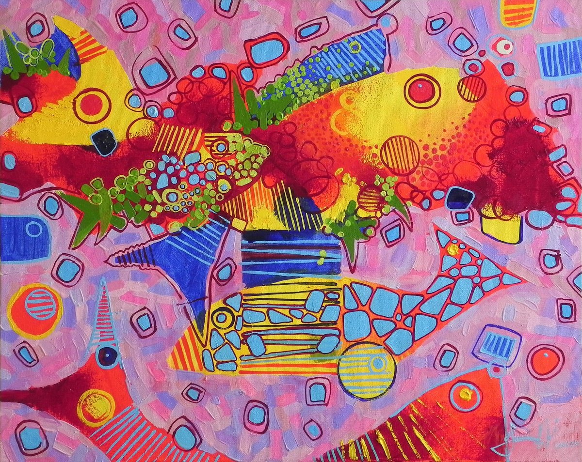 Abstract Animal Oil Painting By Mykhailo Novikov, 20 X 16", "Fantastic Fish", Original Artwork