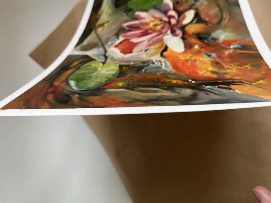 Koi Fish And Water Lily Original Oil Painting