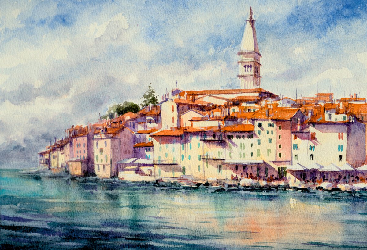 Impressionistic Cityscapes Watercolour By Eve Mazur, 12 X 8, Rovinj, Croatia, Europe., Original Artwork