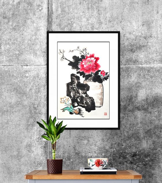 Peony in vase with stone and narcissus - Oriental Chinese Ink Painting