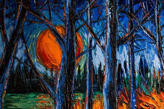 MIDNIGHT SUN WOOD - modern impressionist palette knife oil painting