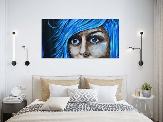 Blue Fear - XXL Original New Contemporary Art Painting Portrait on Large Canvas Ready to Hang