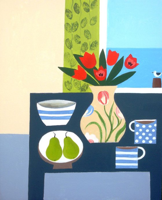 Still Life with Five Red Tulips