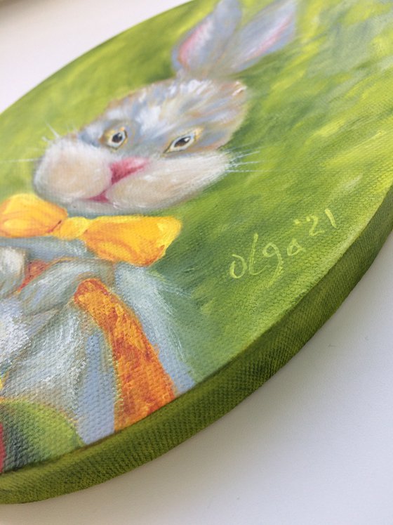 Easter Bunny with eggs - Small ellipse canvas - Funny gift idea