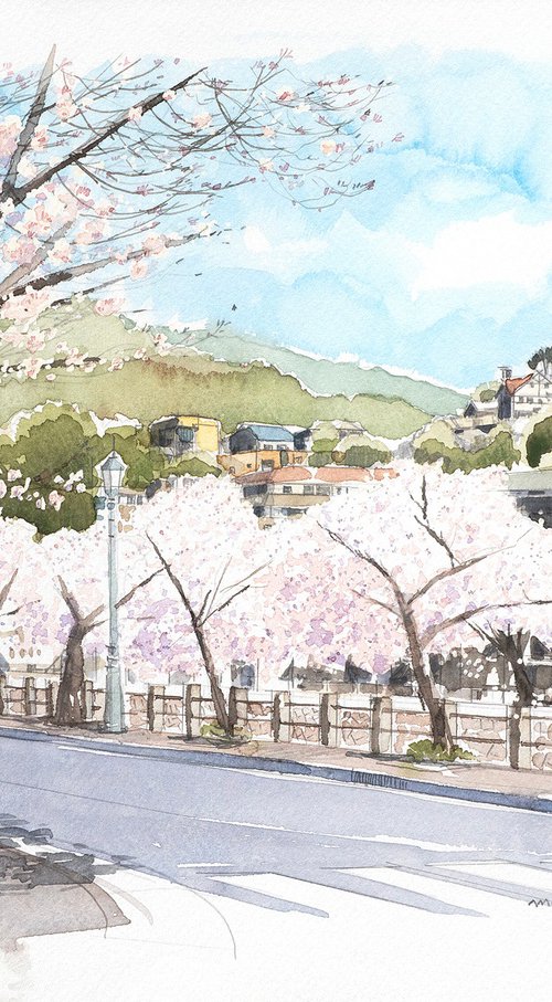 Cherry Blossoms Along the Riverside Path by Masato Watanabe