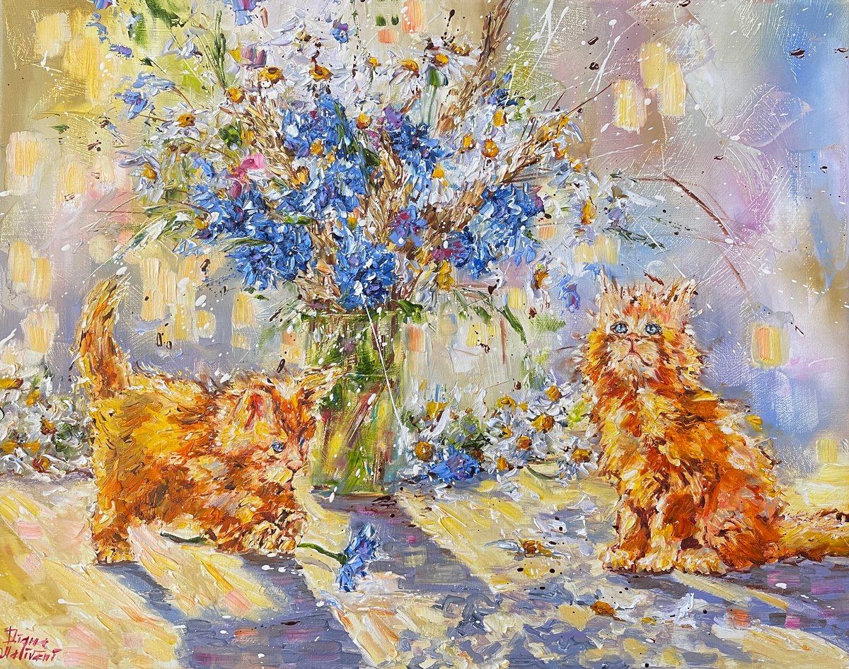 Impressionistic Animal Oil Painting By Diana Malivani, 20 X 16, Les Petits Chats, Original Artwork