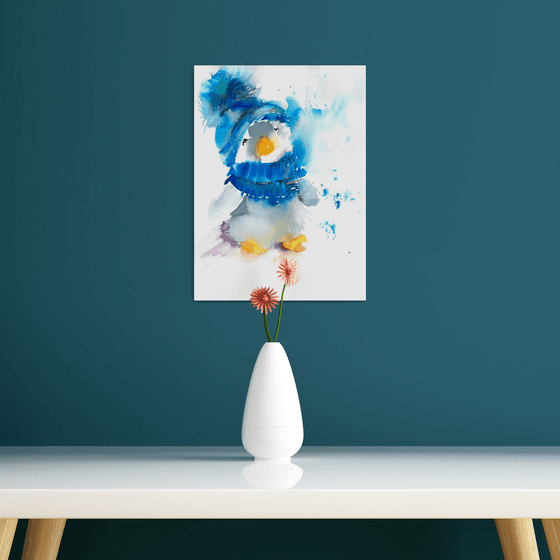 Penguin painting, Original Watercolour, Nursery Wall Art, penguin watercolor, cute, blue