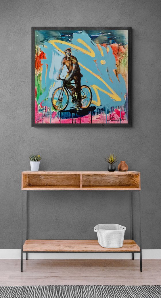 Bright painting - "Ukrainian cyclist" - Urban Art - Pop Art - Bicycle - Street Art