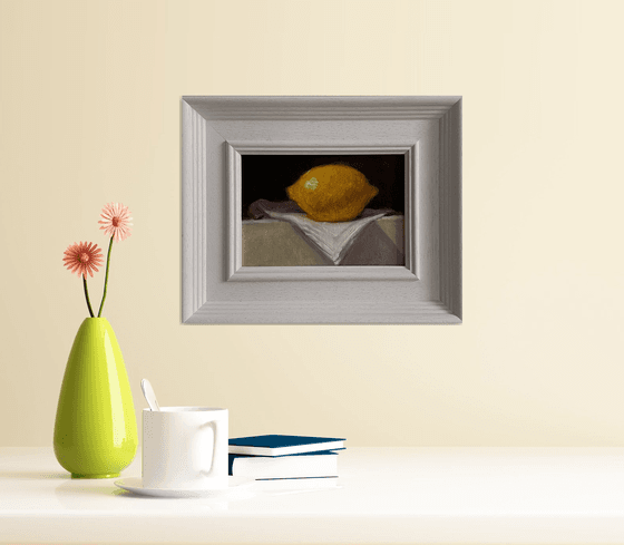 Lemon Still Life original oil realism painting, with wooden frame.