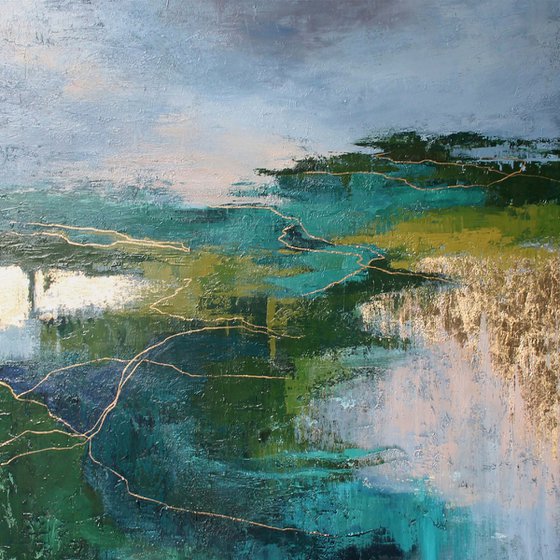 "Riverside" Abstract forest green gold art
