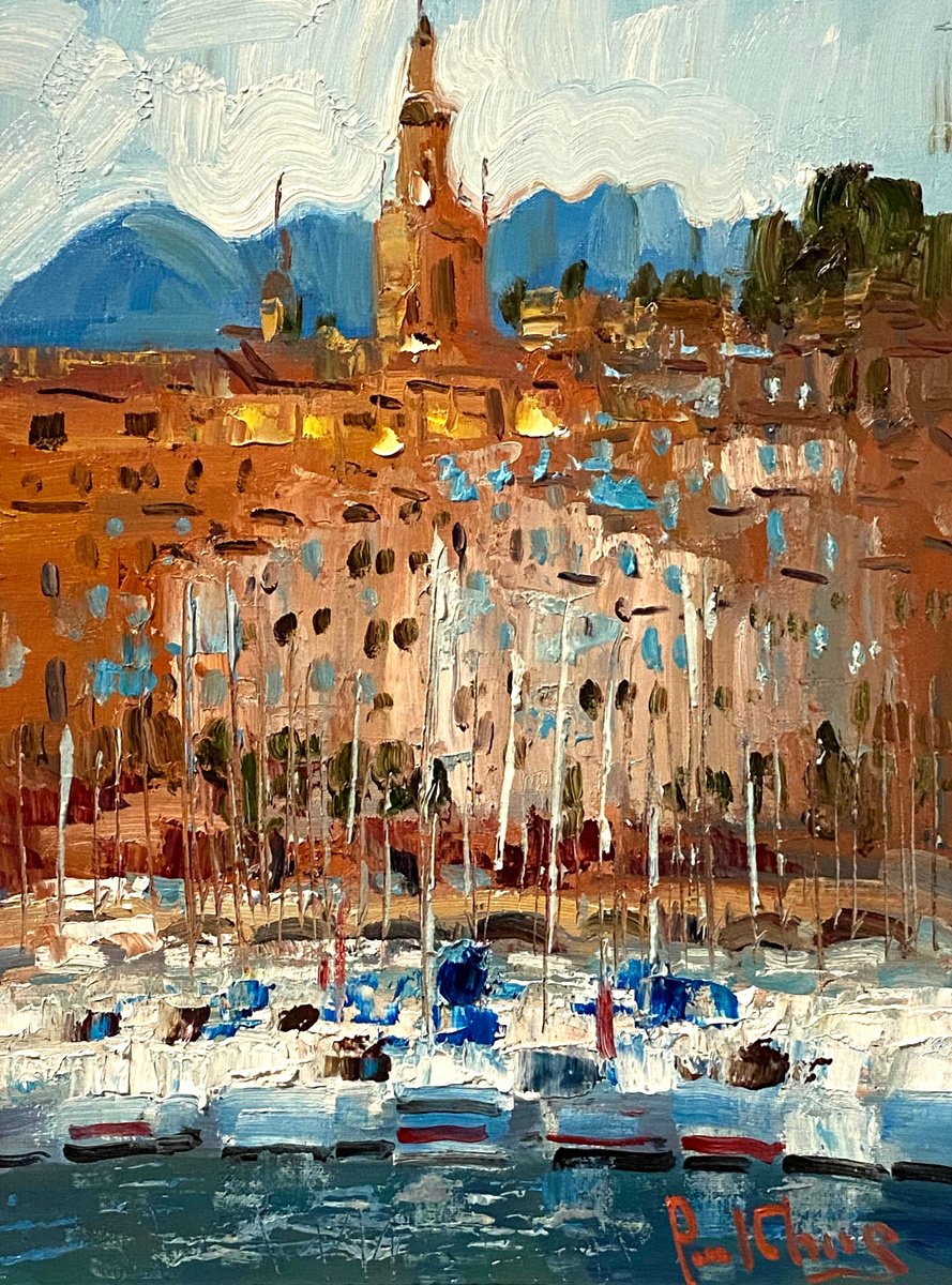 Impressionistic Cityscapes Oil Painting By Paul Cheng, 12 X 16", Port De Menton, France, Original Artwork