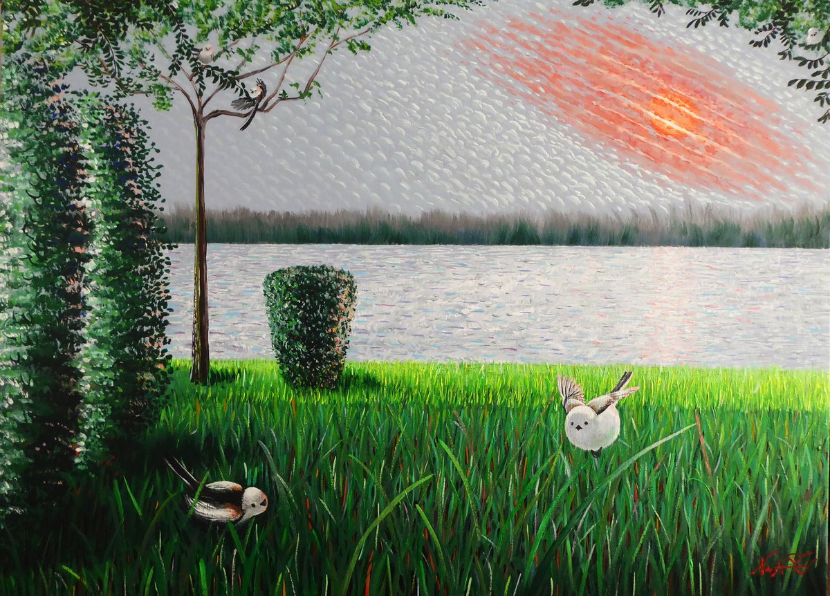 Impressionistic Landscape Acrylic Painting By Narek Hambardzumyan, 39 X 29", Red Sun, Original Artwork