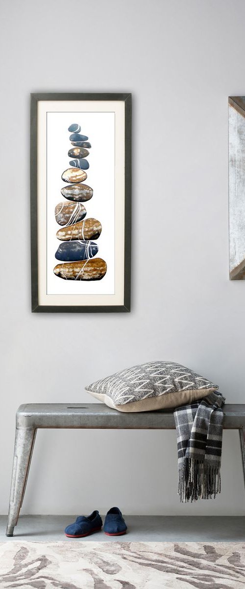 Zen stones - Eleven stones #3 (banded balancing stones lino/monoprint) by Carolynne Coulson