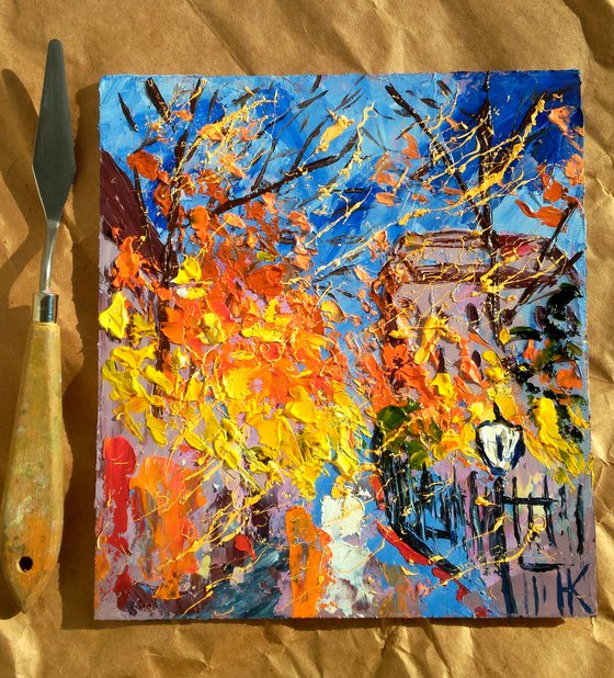 NYC Fall Painting Cityscape Original Art New York Small Oil Artwork Autumn Impasto Pallete Knife Wall Art 7 by 8" by Halyna Kirichenko