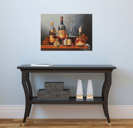 Still life with cognac  (50x70cm, oil painting, ready to hang)